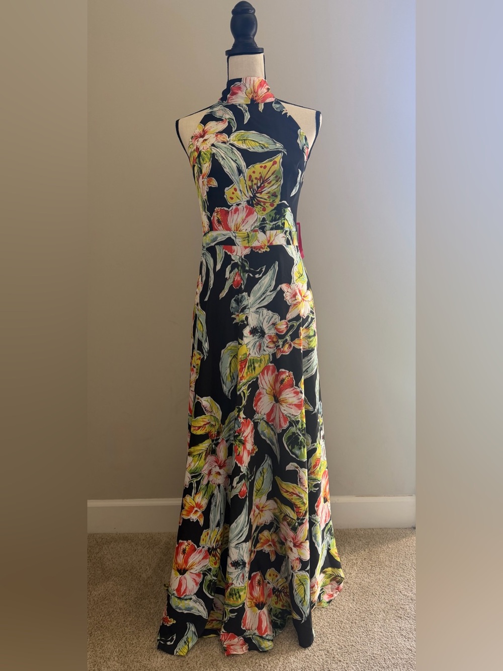 Nicole Miller Hibiscus Print Satin Floral Halter Maxi Dress Size 12 - Picture 4 of 12